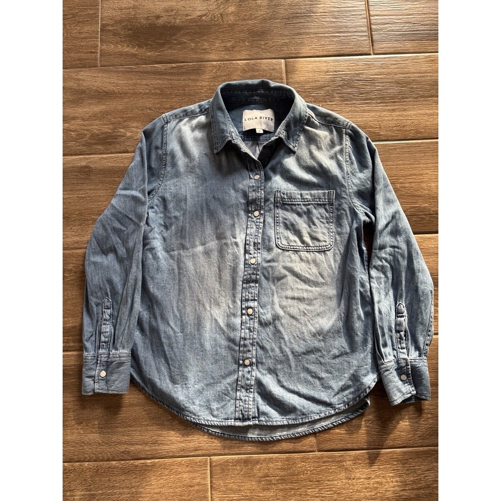 Lola River Women's Size S Pearl Snap Blue Denim Long Sleeve‎ Top Cowgirl Western